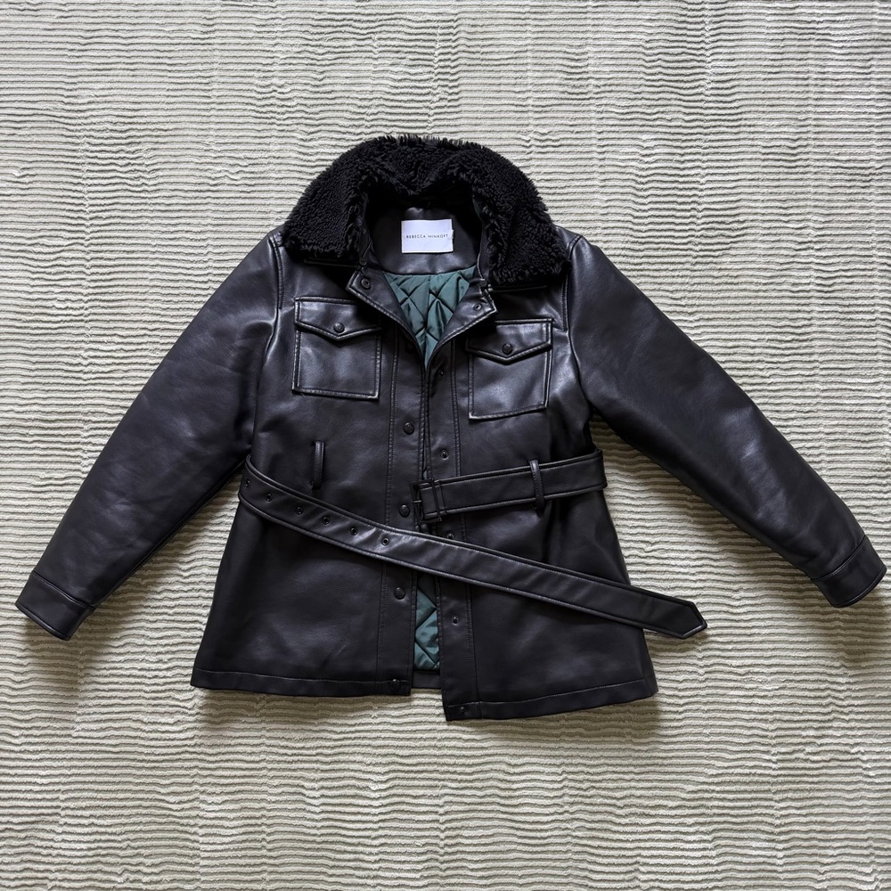 Rebecca Minkoff Black Faux Leather Belted Jacket with Sherpa Collar